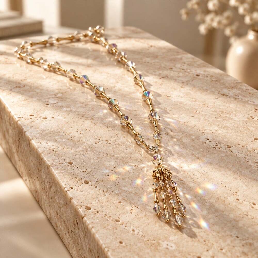 Mid Century 1960 s Aurora Borealis Crystal Flared Link Tassel Necklace